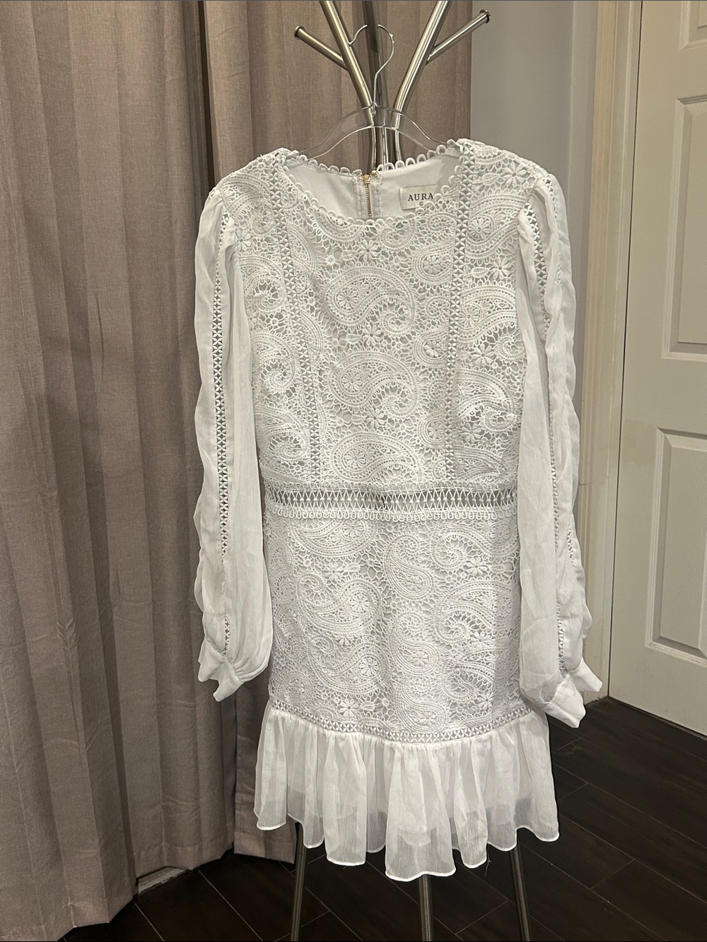 Aura White Lace Long-Sleeve Ruffle-Hem Dress - Picture 2 of 16